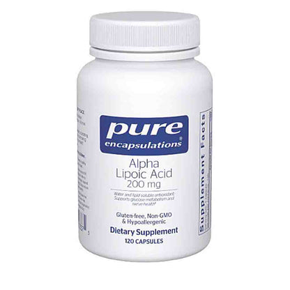 Supplement bottle labeled 'pure encapsulations Alpha Lipoic Acid 200 mg' on a white background