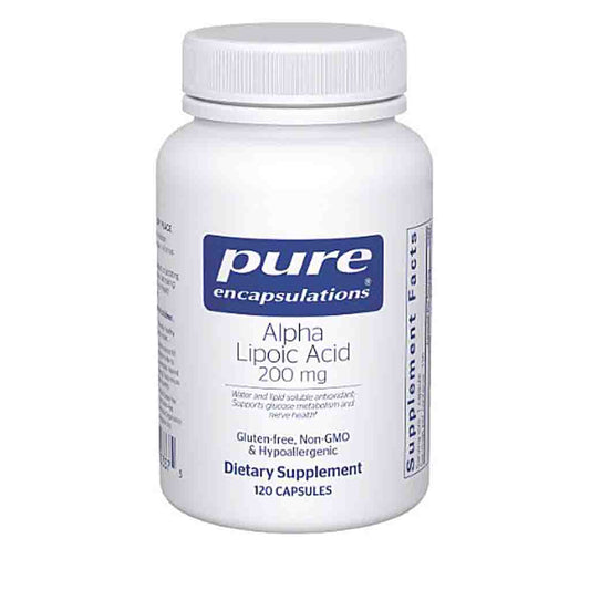 Supplement bottle labeled 'pure encapsulations Alpha Lipoic Acid 200 mg' on a white background