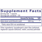 Supplement facts label with alpha lipoic acid content on a white background