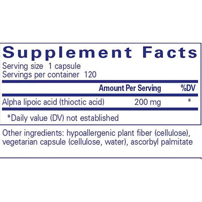 Supplement facts label with alpha lipoic acid content on a white background