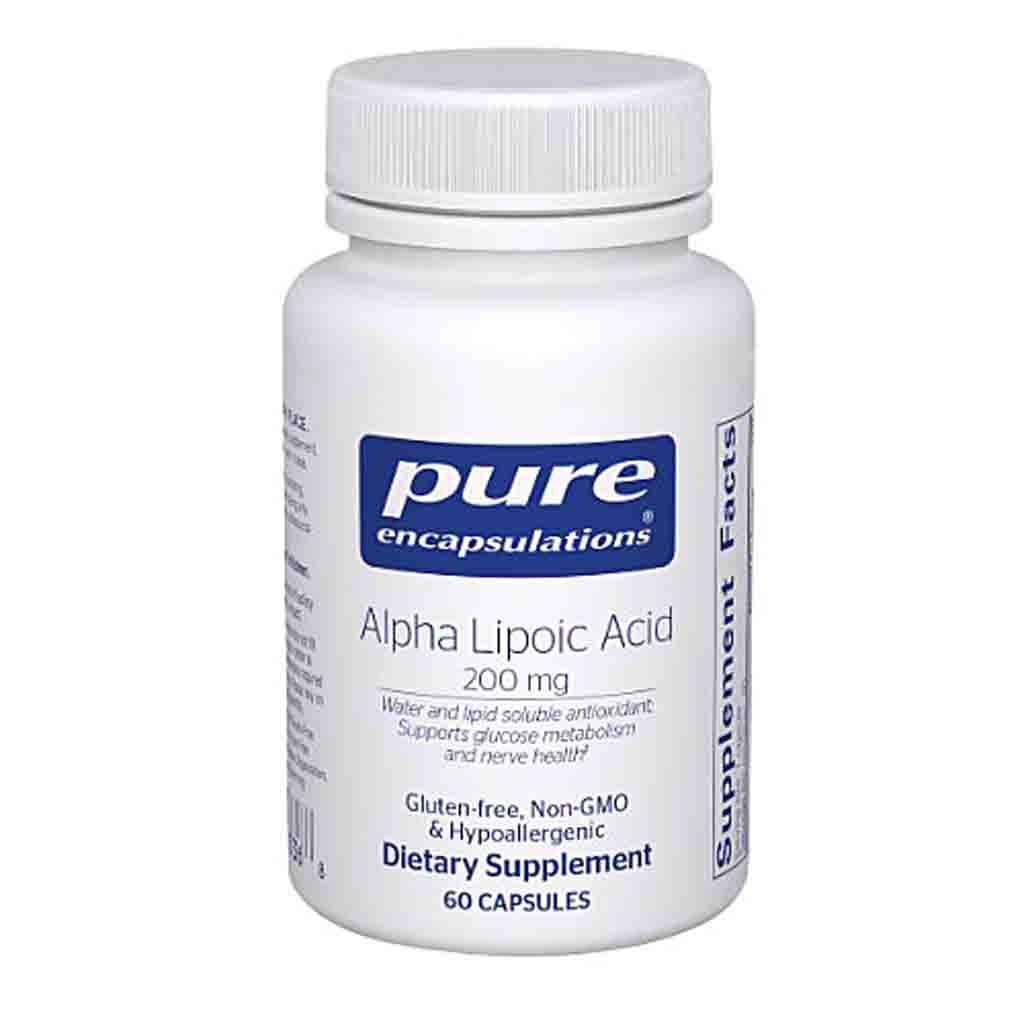 Supplement bottle labeled 'pure encapsulations Alpha Lipoic Acid' on a white background