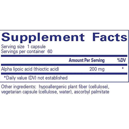 Supplement facts label with alpha lipoic acid content on a white background