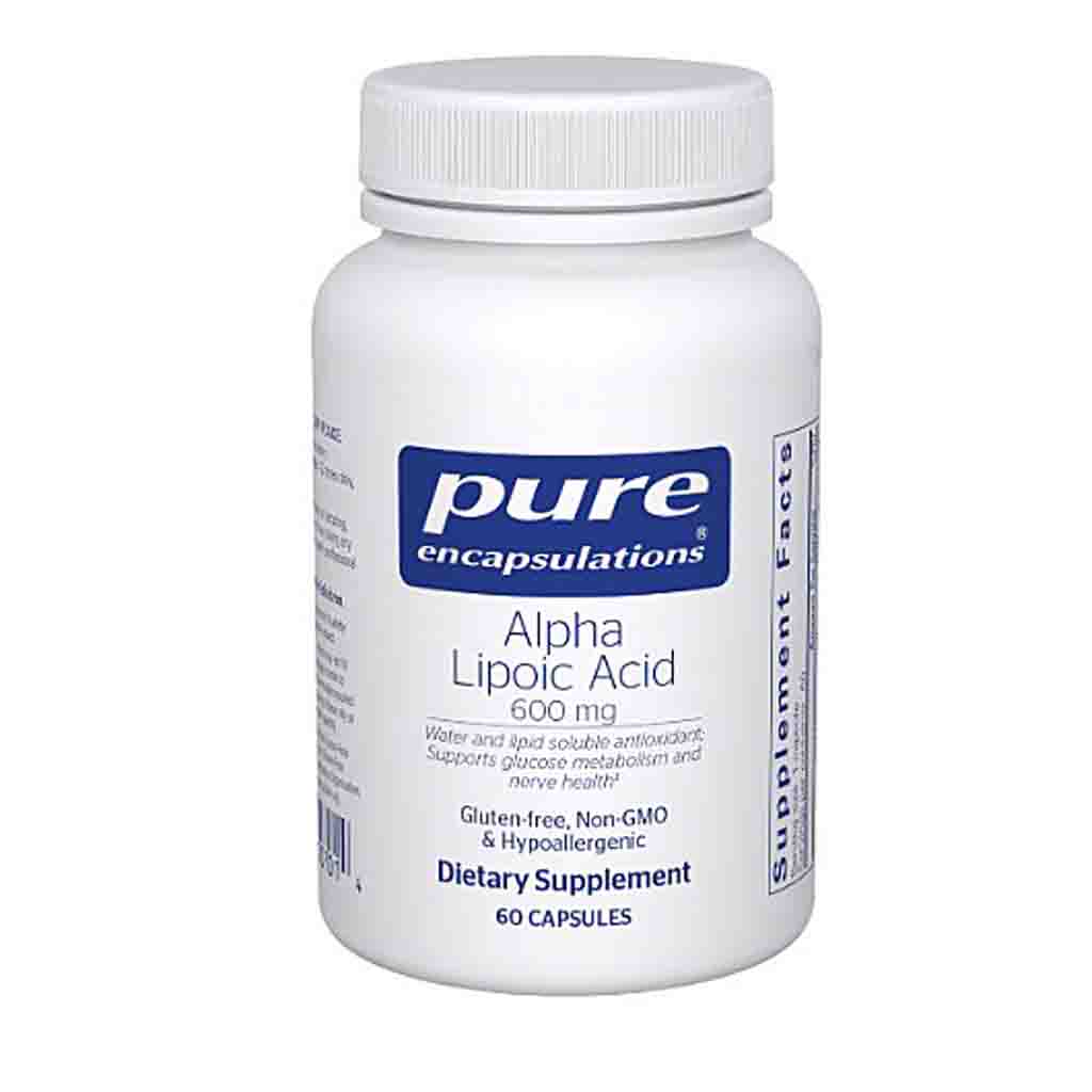 Supplement bottle labeled 'pure encapsulations Alpha Lipoic Acid 600 mg' on a white background