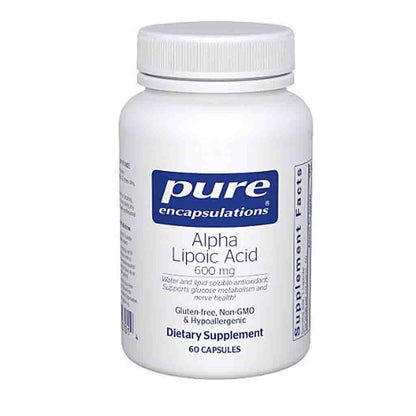 Supplement bottle labeled 'pure encapsulations Alpha Lipoic Acid 600 mg' on a white background