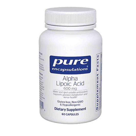 Supplement bottle labeled 'pure encapsulations Alpha Lipoic Acid 600 mg' on a white background