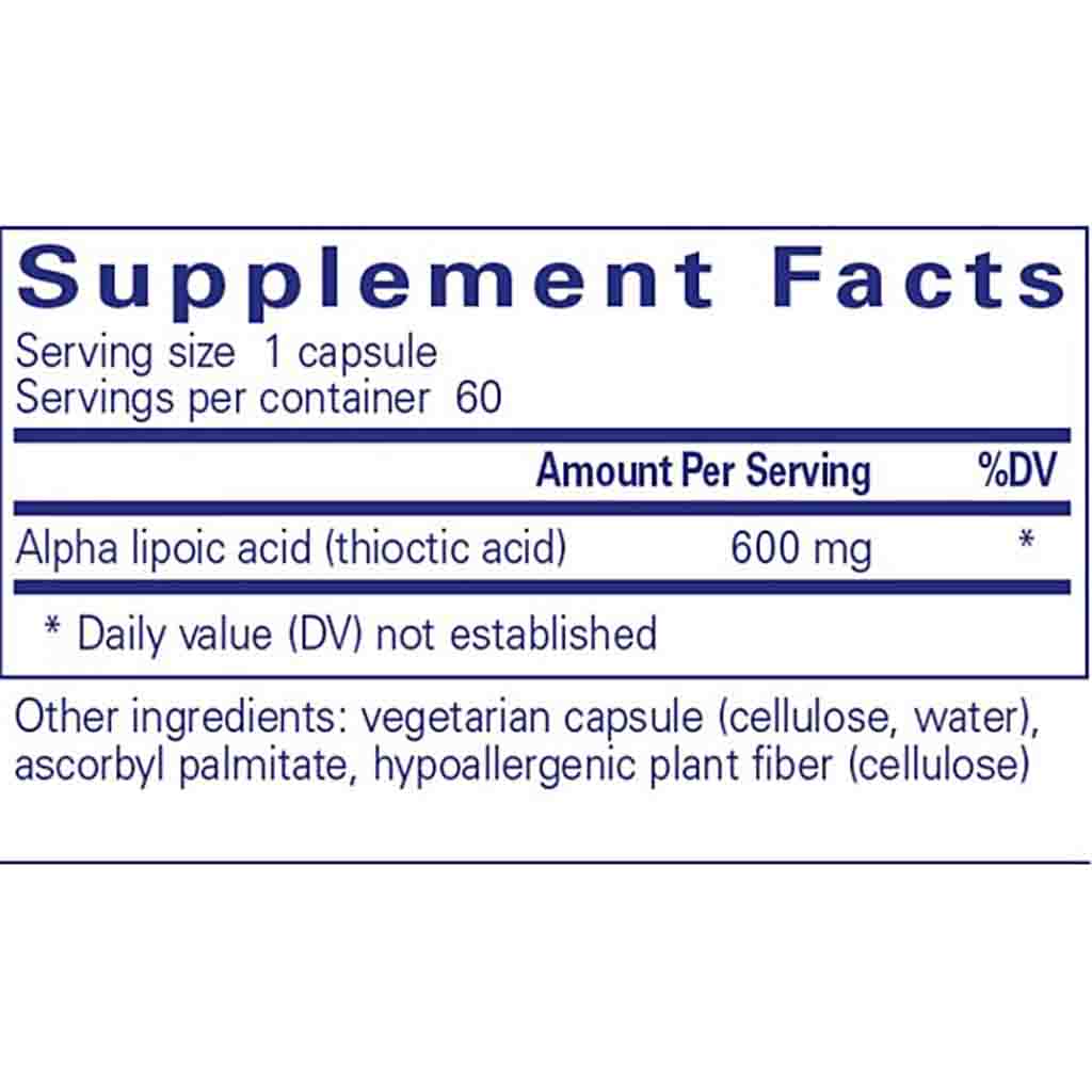 Supplement facts label with alpha lipoic acid content on a white background