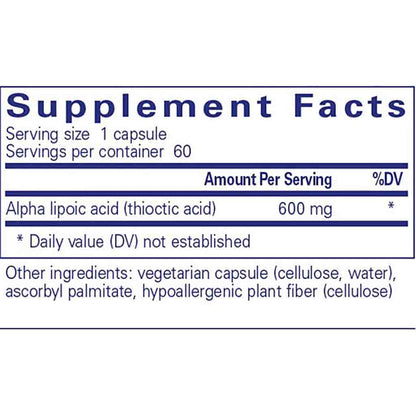 Supplement facts label with alpha lipoic acid content on a white background