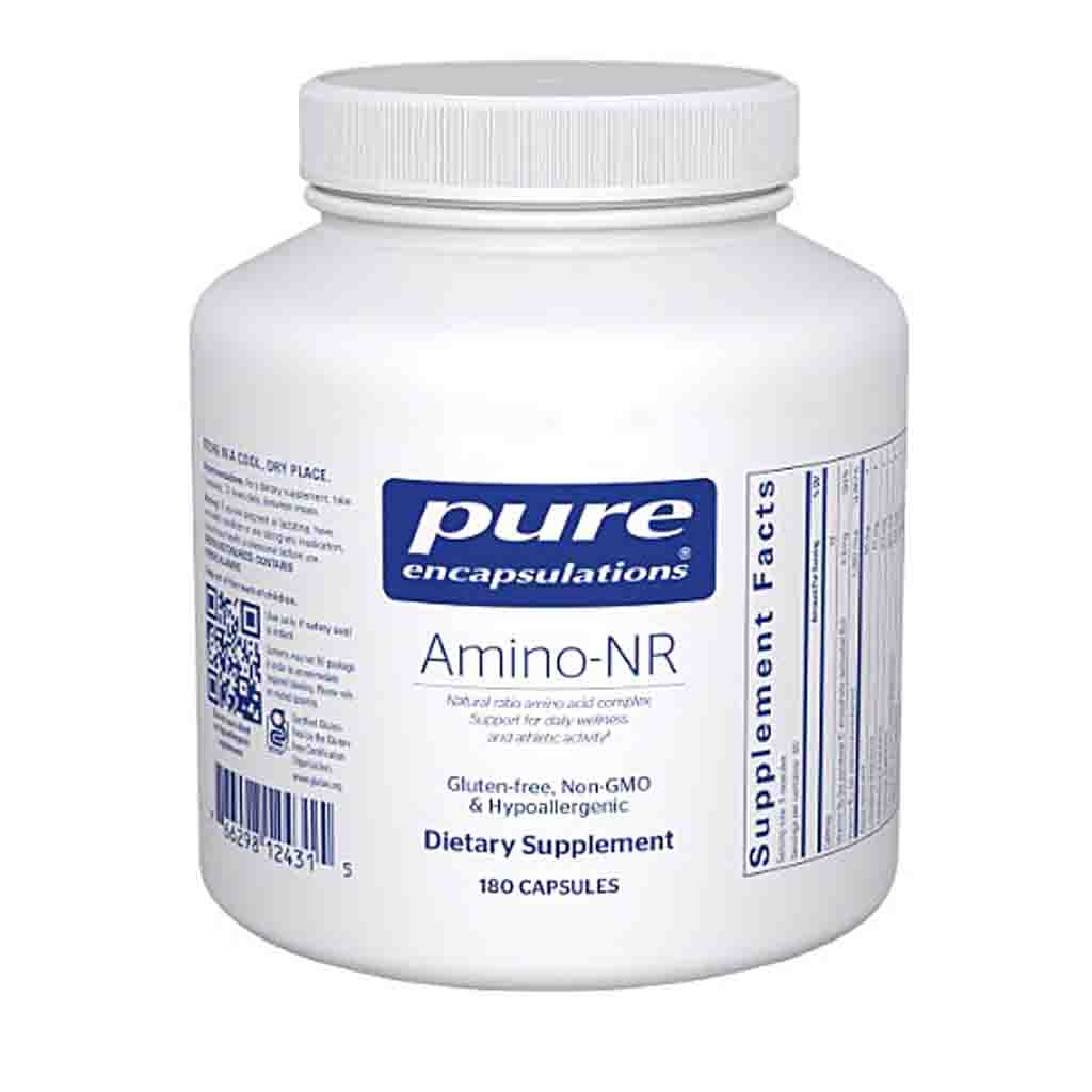White supplement container labeled 'pure encapsulations Amino-NR' on a white background