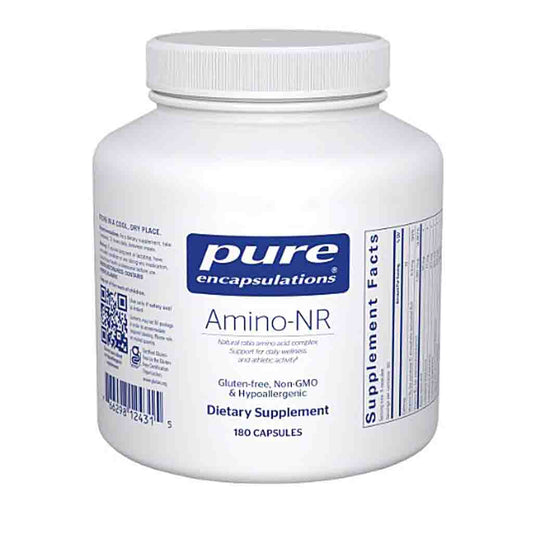 White supplement container labeled 'pure encapsulations Amino-NR' on a white background