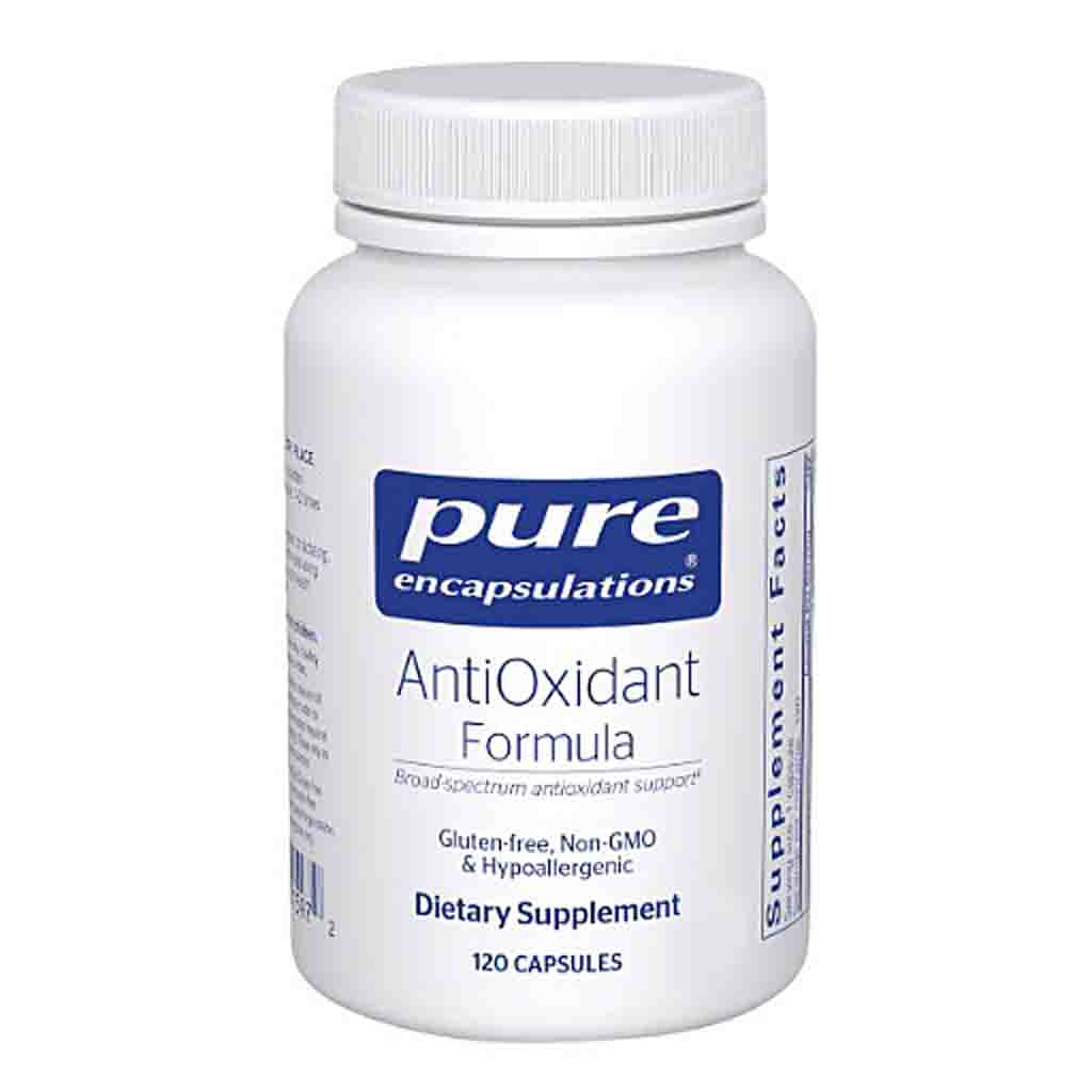 White supplement bottle labeled 'pure encapsulations AntiOxidant Formula' on a white background