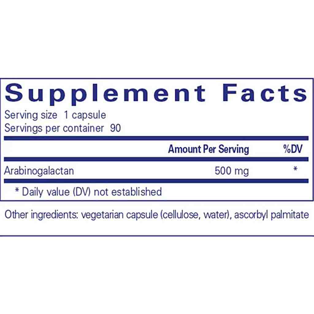 Supplement facts label with arabinogalactan content on a white background
