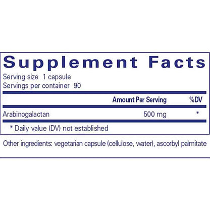 Supplement facts label with arabinogalactan content on a white background