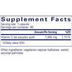 Supplement facts label for a vitamin C supplement with serving size, servings per container, and vitamin C content.