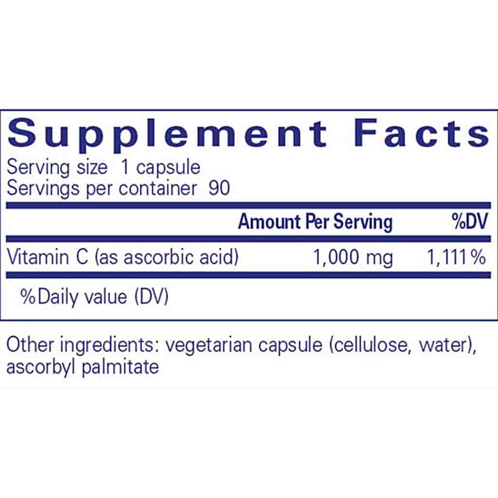 Supplement facts label for a vitamin C supplement with serving size, servings per container, and vitamin C content.