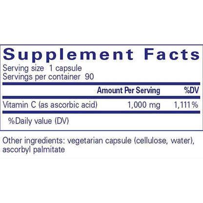 Supplement facts label for a vitamin C supplement with serving size, servings per container, and vitamin C content.