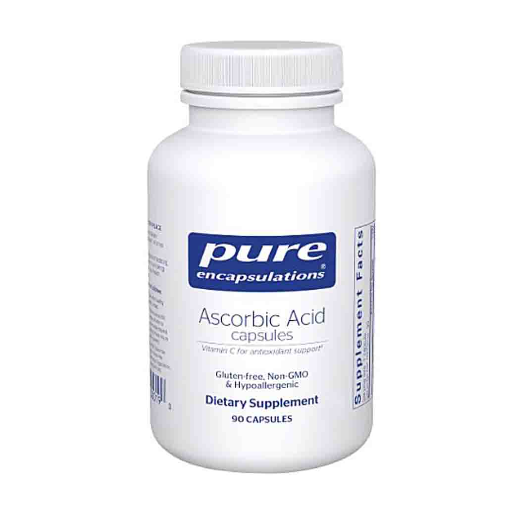 White supplement bottle labeled 'pure encapsulations Ascorbic Acid capsules' on a white background
