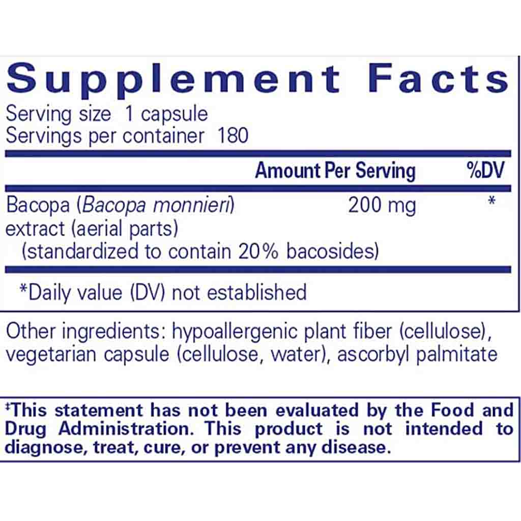 Supplement label with Bacopa monnieri extract on a white background