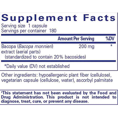 Supplement label with Bacopa monnieri extract on a white background