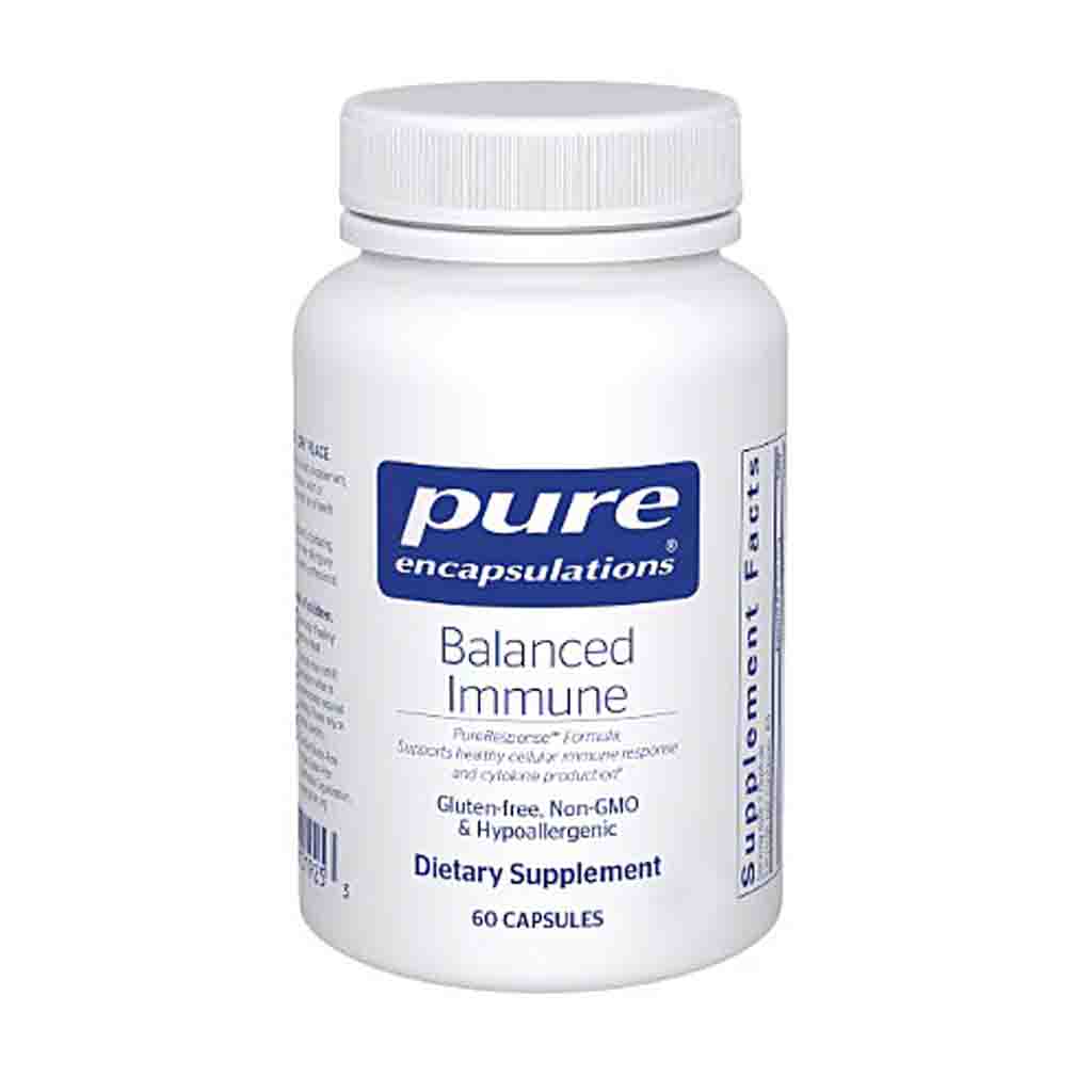 Supplement bottle labeled 'pure encapsulations Balanced Immune' on a white background