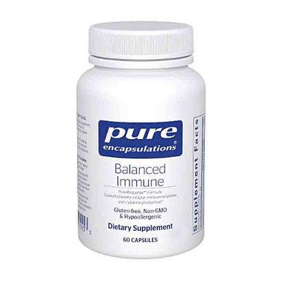 Supplement bottle labeled 'pure encapsulations Balanced Immune' on a white background