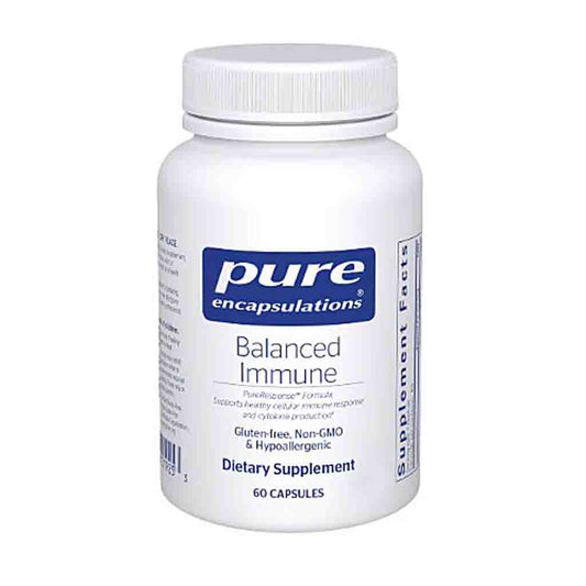Supplement bottle labeled 'pure encapsulations Balanced Immune' on a white background