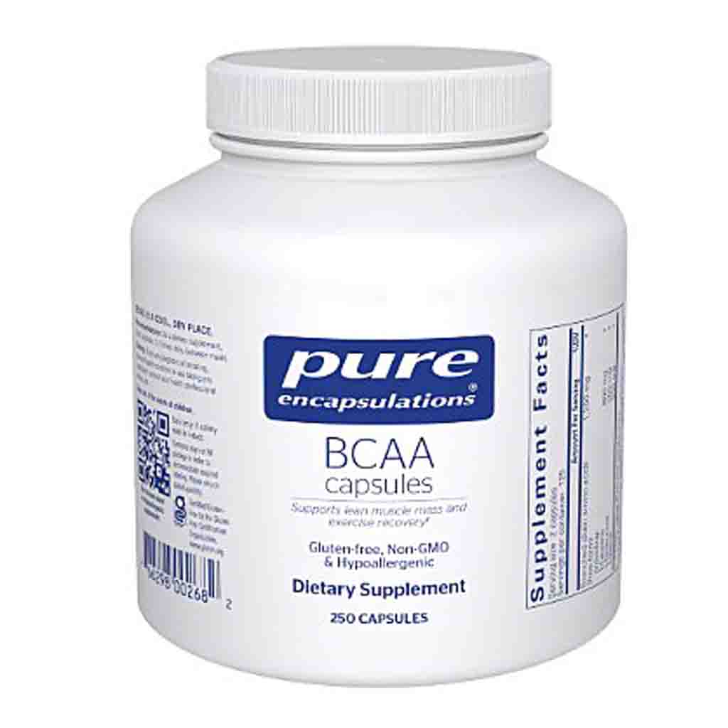 White container of pure encapsulations BCAA capsules on a white background