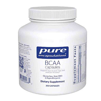 White container of pure encapsulations BCAA capsules on a white background