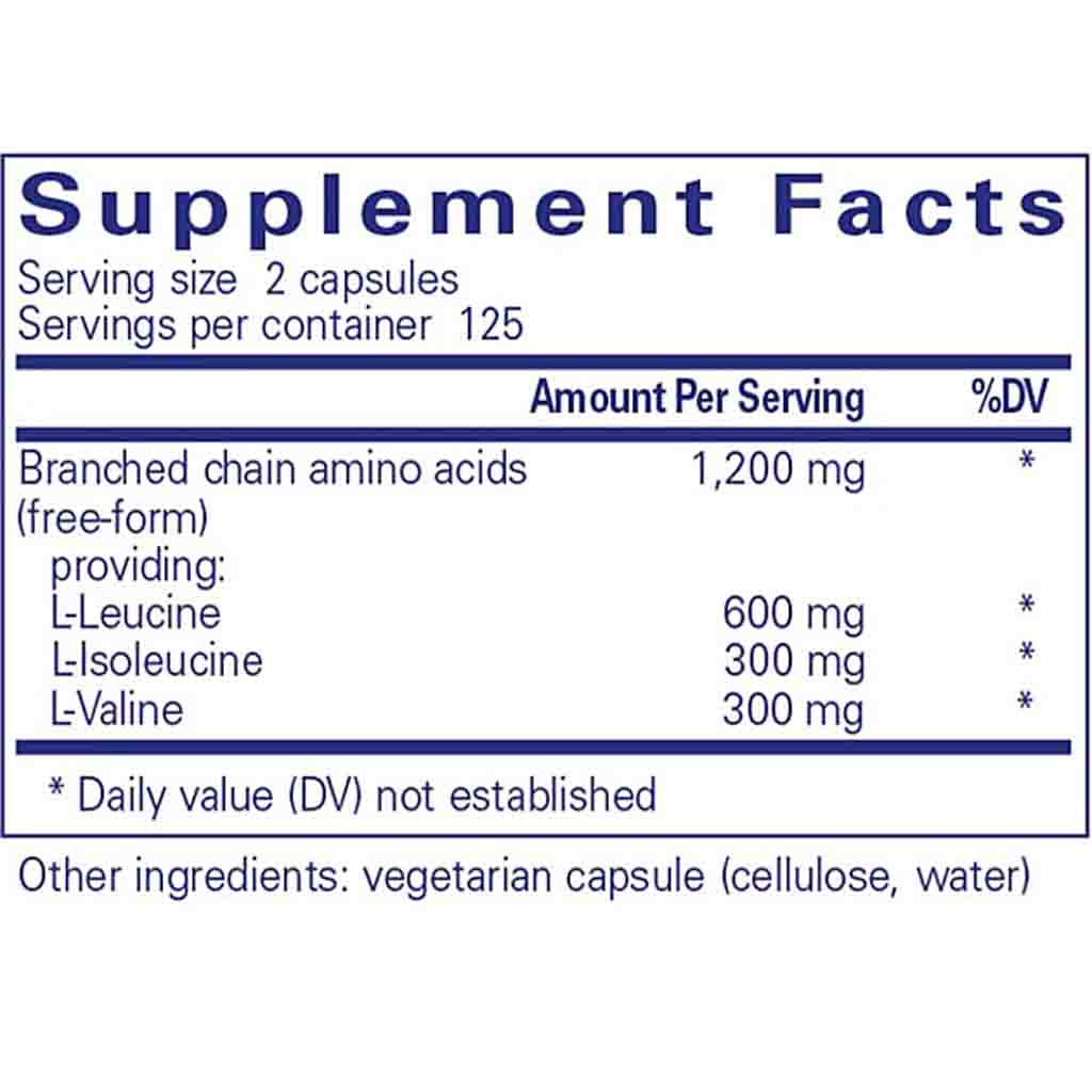 Supplement facts label for branched chain amino acids on a white background
