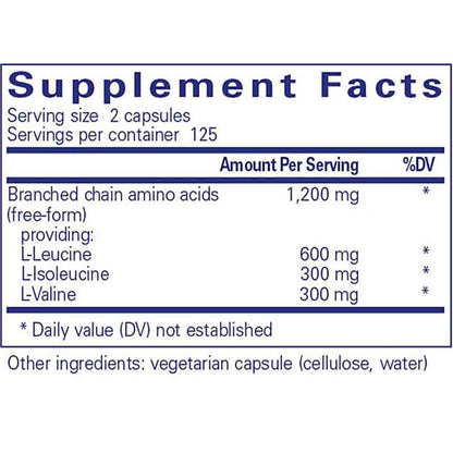 Supplement facts label for branched chain amino acids on a white background