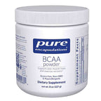 White container of pure encapsulations BCAA powder on a white background