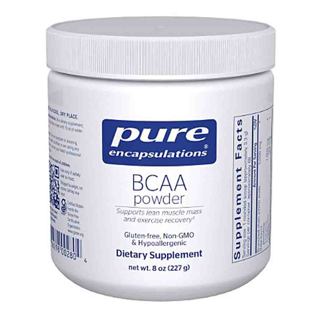 White container of pure encapsulations BCAA powder on a white background