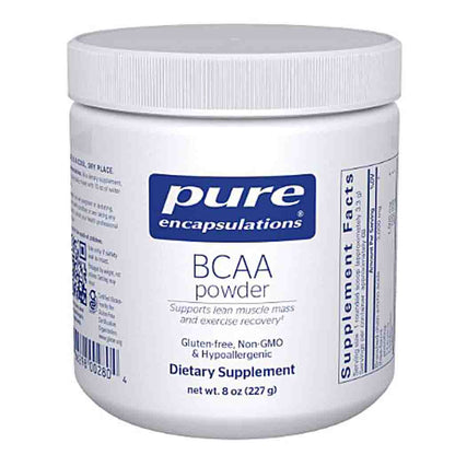 White container of pure encapsulations BCAA powder on a white background