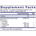 Supplement facts label with branched chain amino acids content on a white background