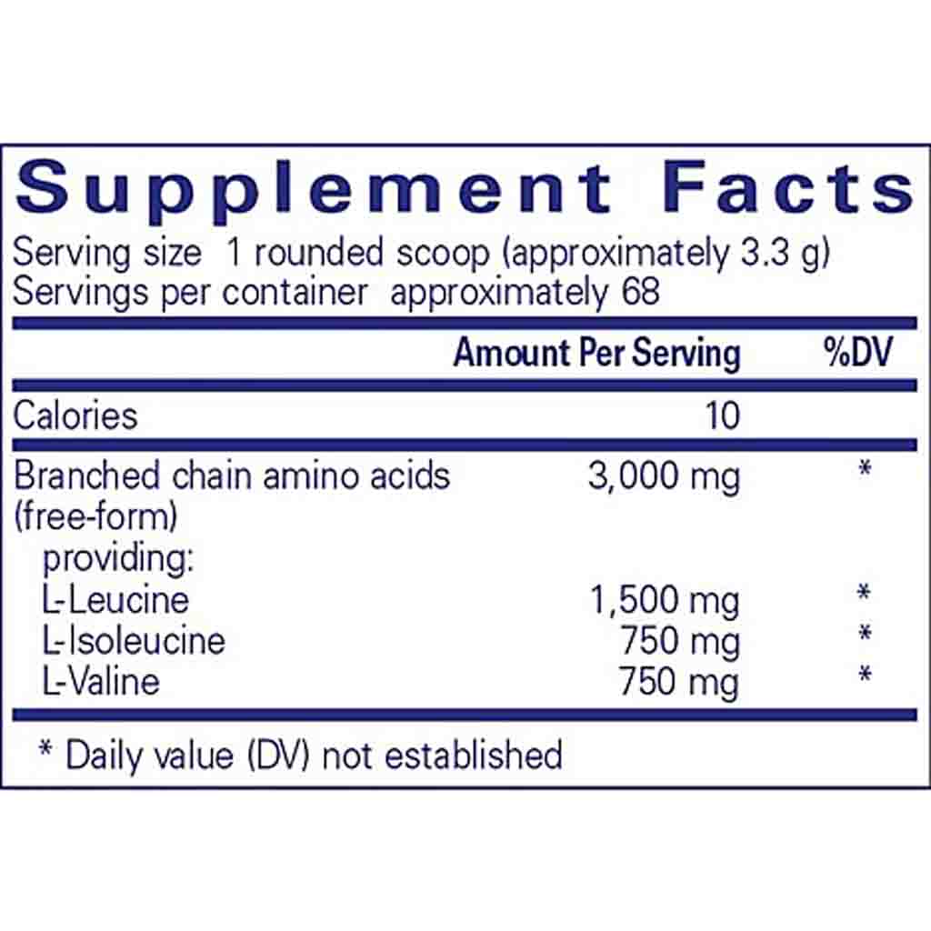 Supplement facts label with branched chain amino acids content on a white background