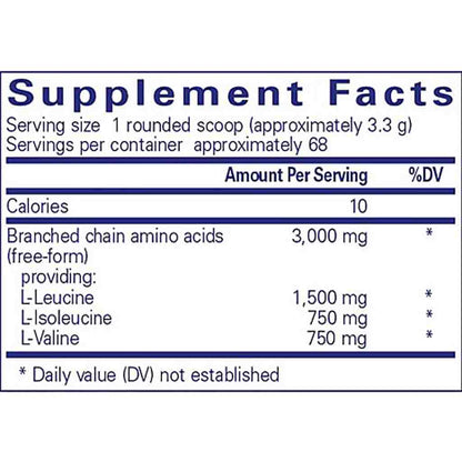 Supplement facts label with branched chain amino acids content on a white background