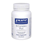Supplement bottle labeled 'pure encapsulations B-Complex Plus' on a white background