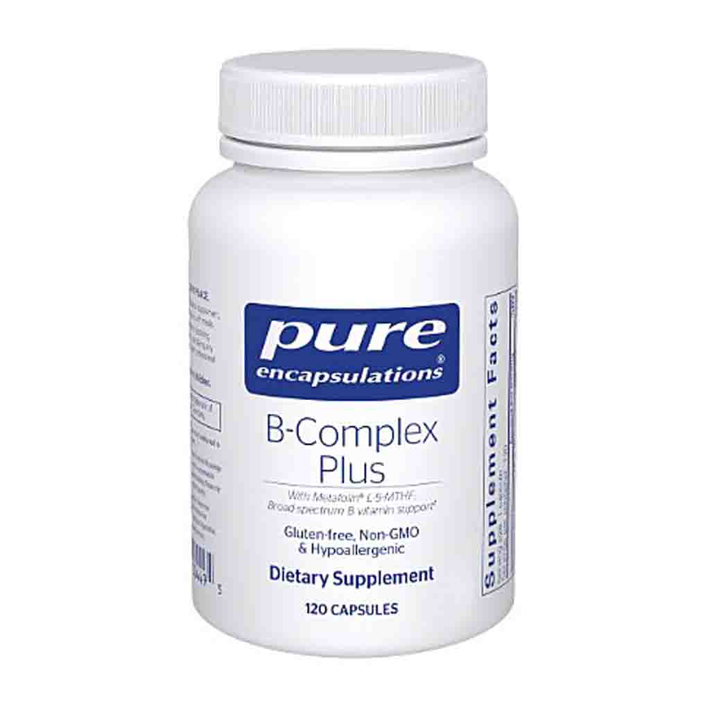Supplement bottle labeled 'pure encapsulations B-Complex Plus' on a white background