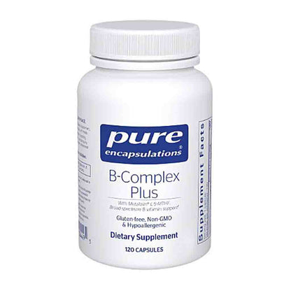 Supplement bottle labeled 'pure encapsulations B-Complex Plus' on a white background