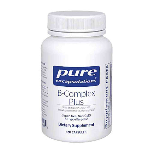 Supplement bottle labeled 'pure encapsulations B-Complex Plus' on a white background