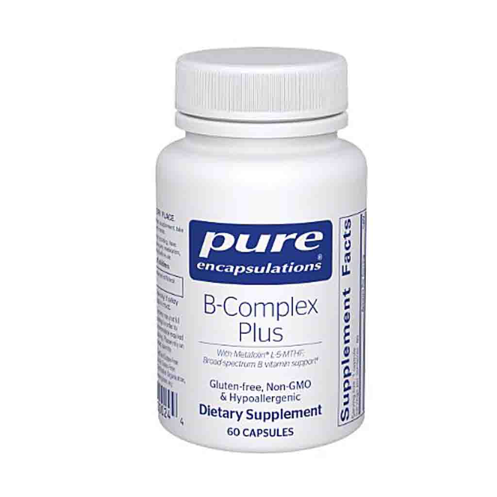B-Complex Plus dietary supplement bottle by Pure Encapsulations on a white background