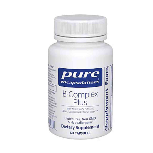B-Complex Plus dietary supplement bottle by Pure Encapsulations on a white background