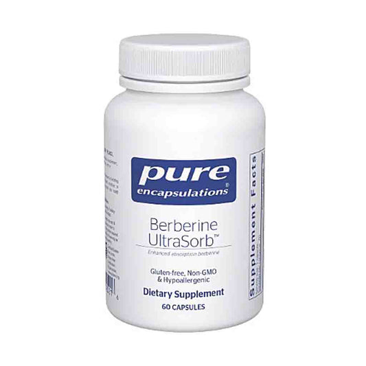 Supplement bottle labeled 'pure encapsulations Berberine UltraSorb' on a white background