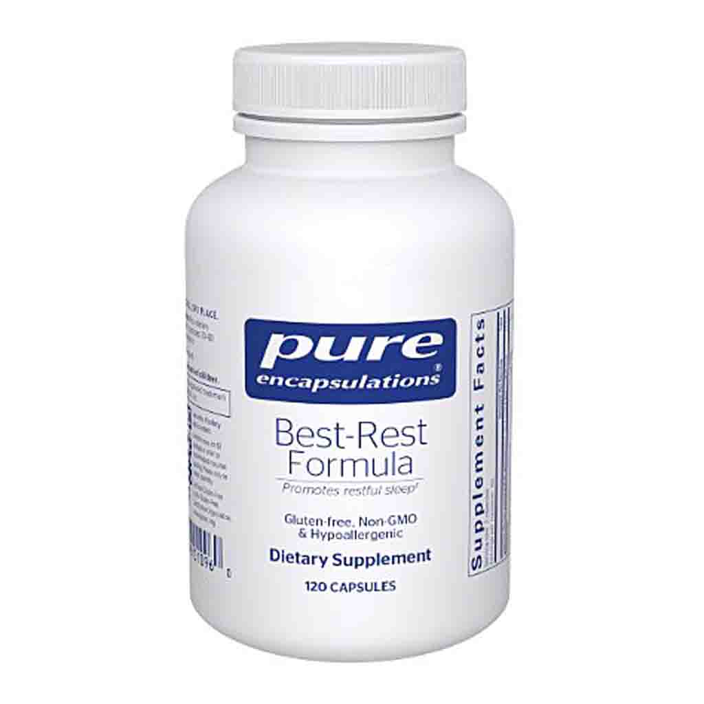 White supplement bottle labeled 'pure encapsulations Best-Rest Formula' on a white background