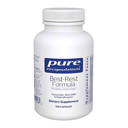 White supplement bottle labeled 'pure encapsulations Best-Rest Formula' on a white background