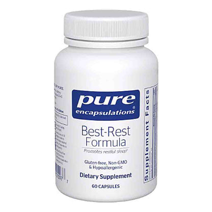 White supplement bottle labeled 'pure encapsulations Best-Rest Formula' on a white background