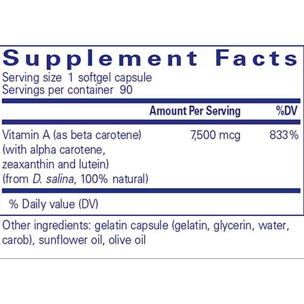 Supplement facts label for a vitamin A supplement capsule