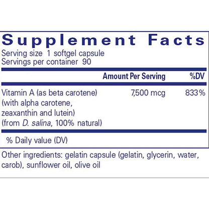 Supplement facts label for a vitamin A supplement capsule