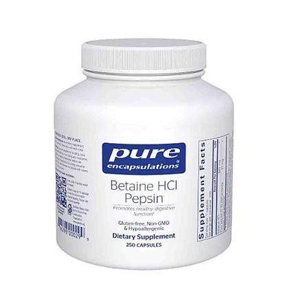 White supplement bottle labeled 'pure encapsulations Betaine HCl Pepsin' on a white background