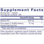 Supplement facts label for a capsule with Betaine HCl and Pure pepsin.