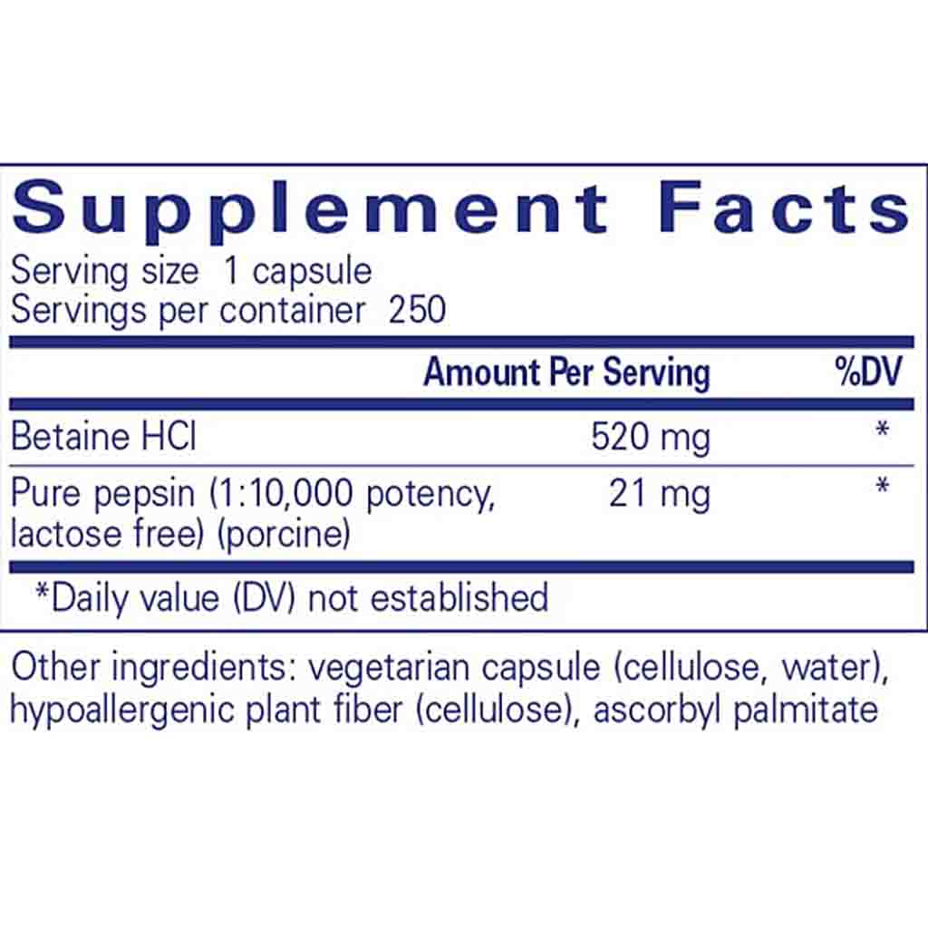 Supplement facts label for a capsule with Betaine HCl and Pure pepsin.